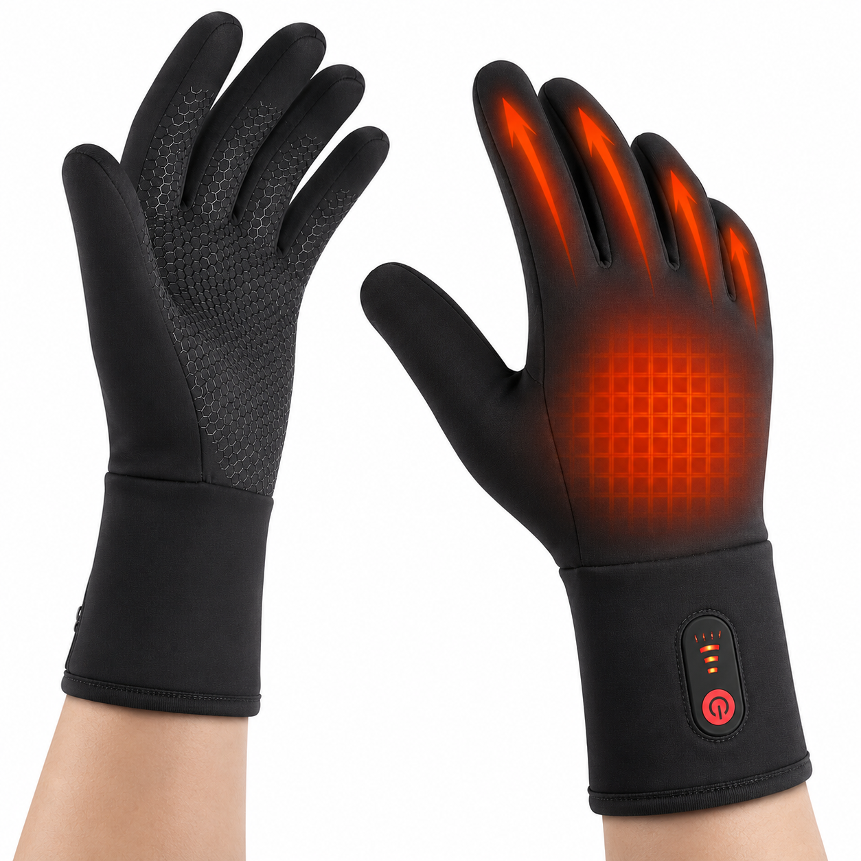 Black heated gloves showing the heating area