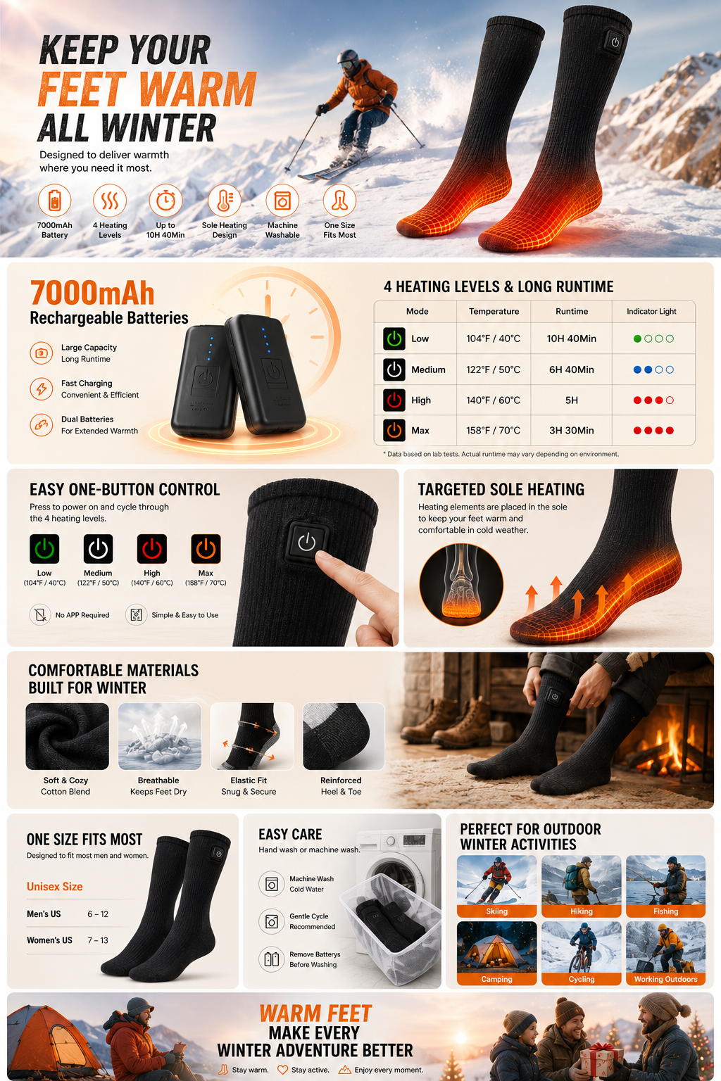 Black heated socks with warming sole area