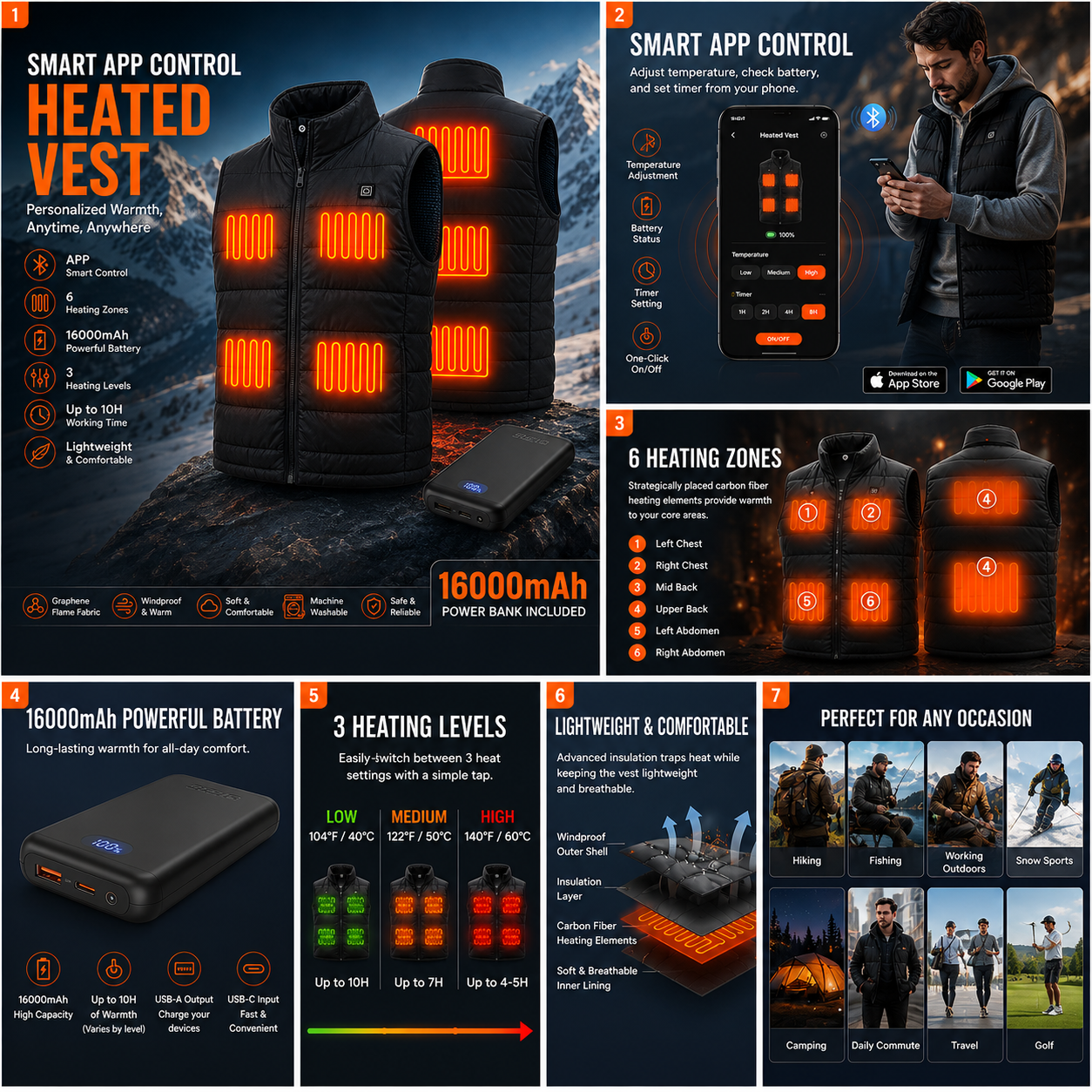Black quilted heated vest with front and back heating areas